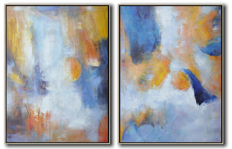 Abstract Painting Extra Large Canvas Art,Set Of 2 Abstract Painting On Canvas,Acrylic Minimailist Painting,Blue,White,Orange,Yellow.etc